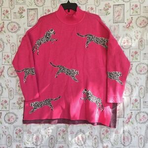 Pink Cheetah Animal Print Mock Neck‎ Oversized Sweater Pullover Tunic Top Medium